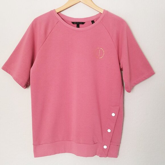 Armani Exchange Short Sleeve Crewneck Sweatshirt M Snap Button Side Pink Lounge - Picture 1 of 13
